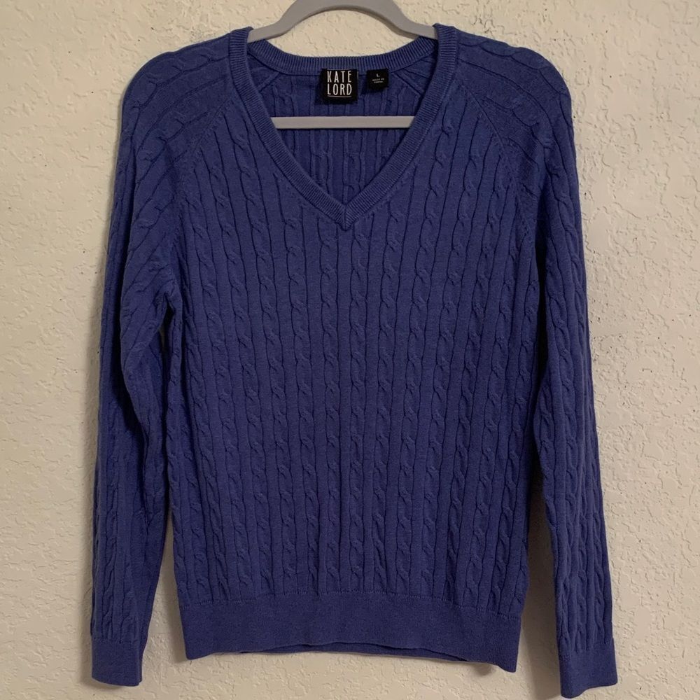 Kate Lord Lavander Cable Knit V-Neck Cashmere Cotton Women’s Sweater Size L